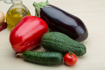 Eggplant, cucumber, avocado and red pepper