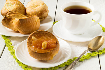 Yorkshire pudding with apple jam and tea for breakfast