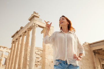 The tourist near the Acropolis of Athens, Greece