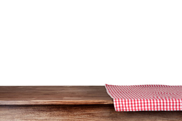 Empty wooden table with napkin and white background