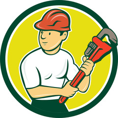 Plumber Holding Monkey Wrench Circle Cartoon