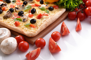 Delicious homemade pizza on white background