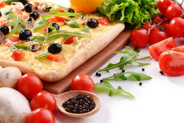 Delicious homemade pizza on white background