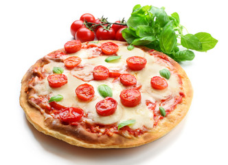 Delicious pizza with cheese and cherry tomatoes isolated on white