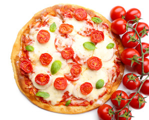 Delicious pizza with cheese and cherry tomatoes isolated on white