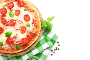 Delicious pizza with cheese and cherry tomatoes isolated on white