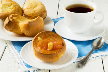 Cooked breakfast: Yorkshire pudding, apple jam and tea