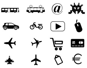 Transport, informatique, aviation et commerce en 16 icônes