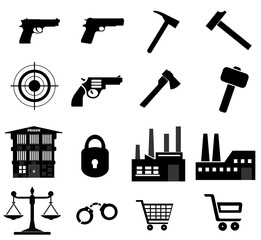 Armes, outils, s&eacute;curit&eacute; et commerce en 16 ic&ocirc;nes
