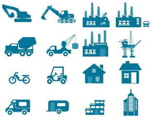 Chantier, industrie, transport et bâtiments en 16 icônes