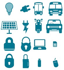 Energie, transport, cadenas et informatique en 16 icônes