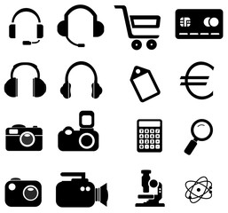 Casque audio, commerce, électronique et science en 16 icônes