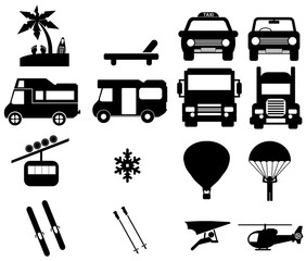 Vacances, transport, sport d'hiver et activités aériennes en 16 icônes	