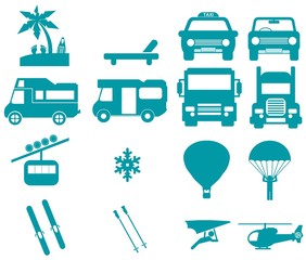 Vacances, transport, sport d'hiver et activités aériennes en 16 icônes	