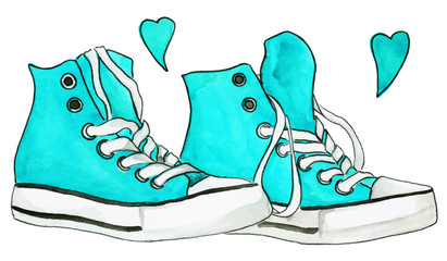 Watercolor blue mint turquoise sneakers pair hearts vector isolated