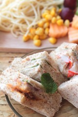 Club sandwich and pasta spaghetti with salad mix fruit
