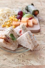 Club sandwich and pasta spaghetti with salad mix fruit