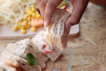 Club sandwich and pasta spaghetti with salad mix fruit