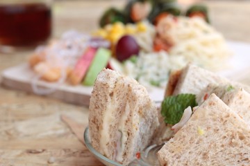 Club sandwich and pasta spaghetti with salad mix fruit