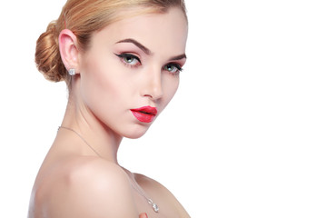 whiteheaded young woman with beautiful red lips on white 