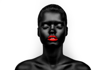 Black-skin female model with a red lips