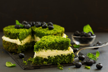 Beautiful green cake with spinach and butter cream. Turkish cuisine.