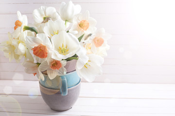 Background with fresh narcissus in vase