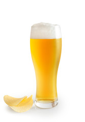 Glass of beer and potato chips