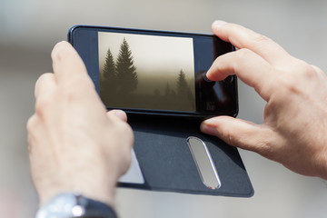 Closeup of photographing nature with smart phone