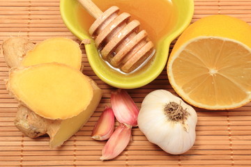 Fresh fruits and vegetables with honey, healthy products