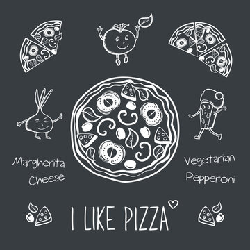Menu for pizzeria. Pizza and funny vegetables.