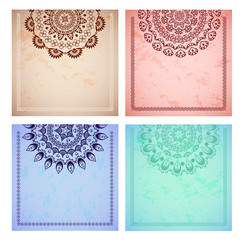 Set of colored blank cards with half lace mandalas
