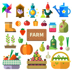 Farm in the village. Elements and sprites. Vector flat illustrations