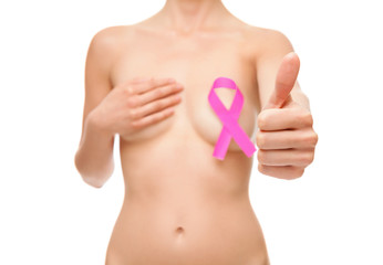Woman with a breast cancer awareness ribbon