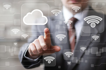 Social network Wifi businessman presses web button cloud icon