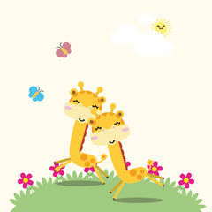 Cute yellow giraffe with a flower. Vector illustration of giraffe with place for text