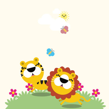 Illustration of a lion, tiger and the butterflies. Vector illustration of cute animals with place for text