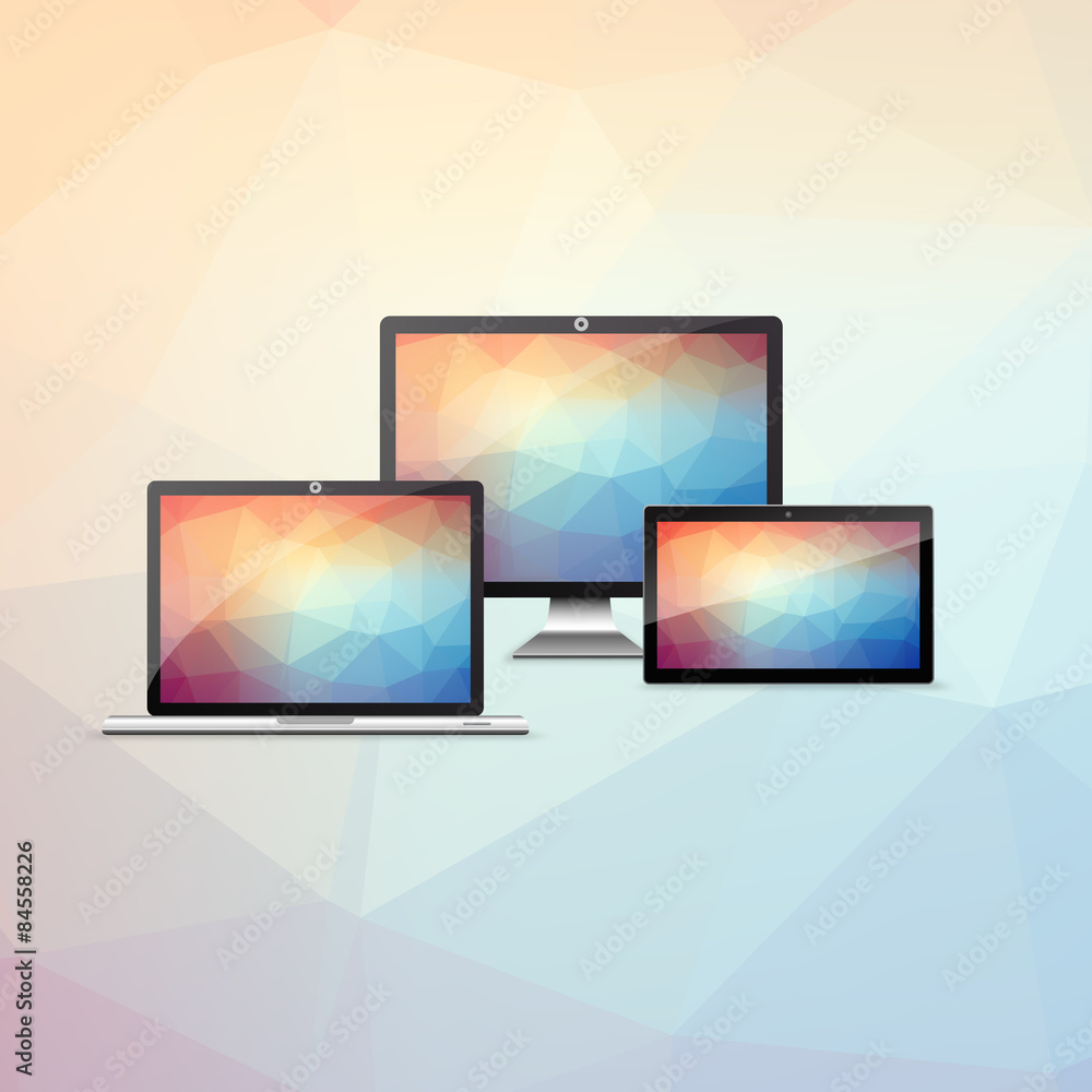 Poster device set with colorful low polygon backgrounds