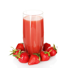 Glass of fresh strawberry juice isolated on white