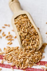Fototapeten Spelt grains on a wooden scoop © anna.q