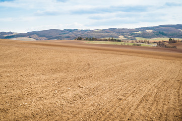 Fototapeta na wymiar Agricultural field with soil and blue sky