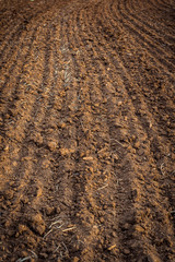 Ploughed field, soil close up, agricultural background