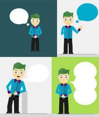Set of young businessmen with speech bubbles. Talking, thinking