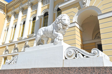 lion sculpture in front of the state Russian Museum in St. Peter