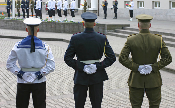 Three army honor guards during official ceremony in Vilnius, Lithuania