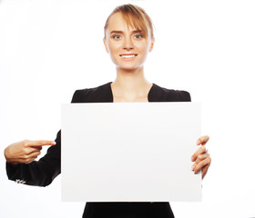 young business woman showing blank signboard