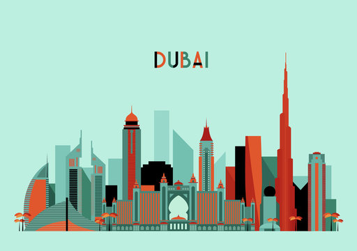 Dubai City Skyline Silhouette. Flat Design, Trendy