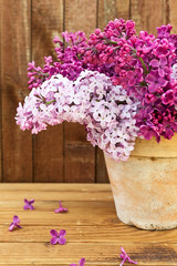 Ceramic pot with a branch of lilac flower on wooden background