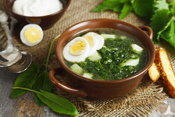 Soup of sorrel and nettles with eggs