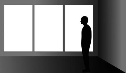 Man in front of a blank triptych